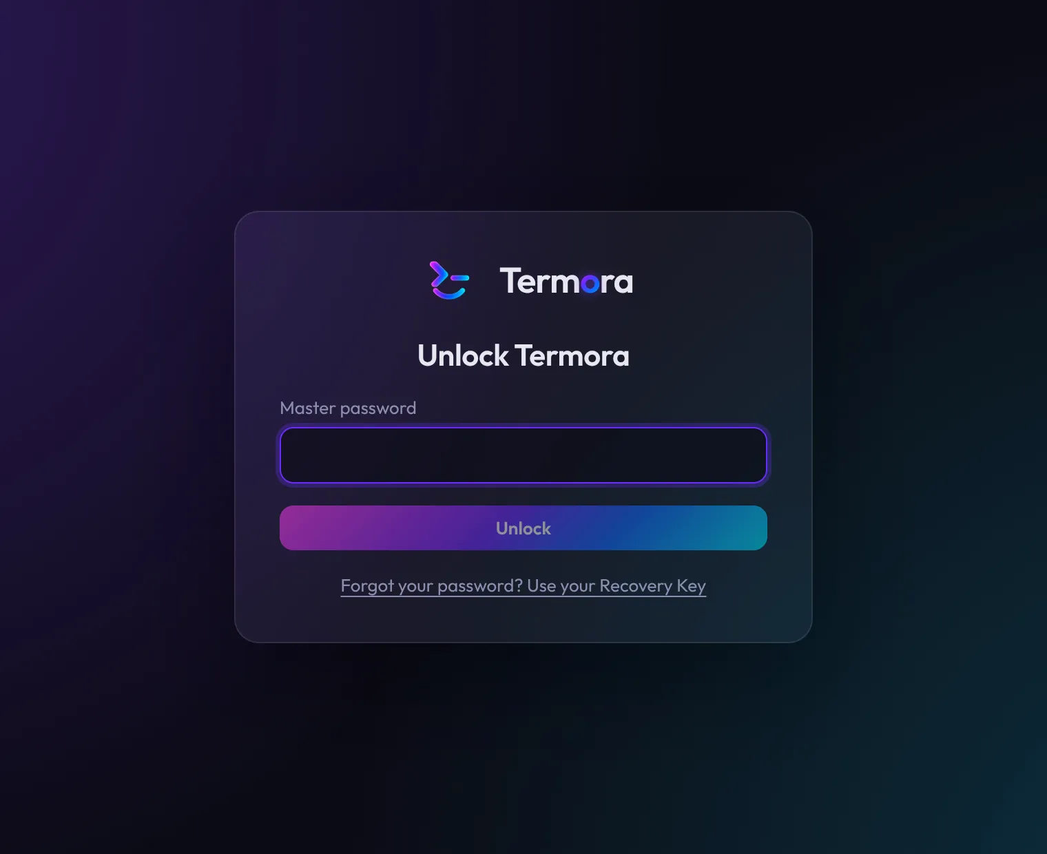The Unlock Termora screen asking for the master password.