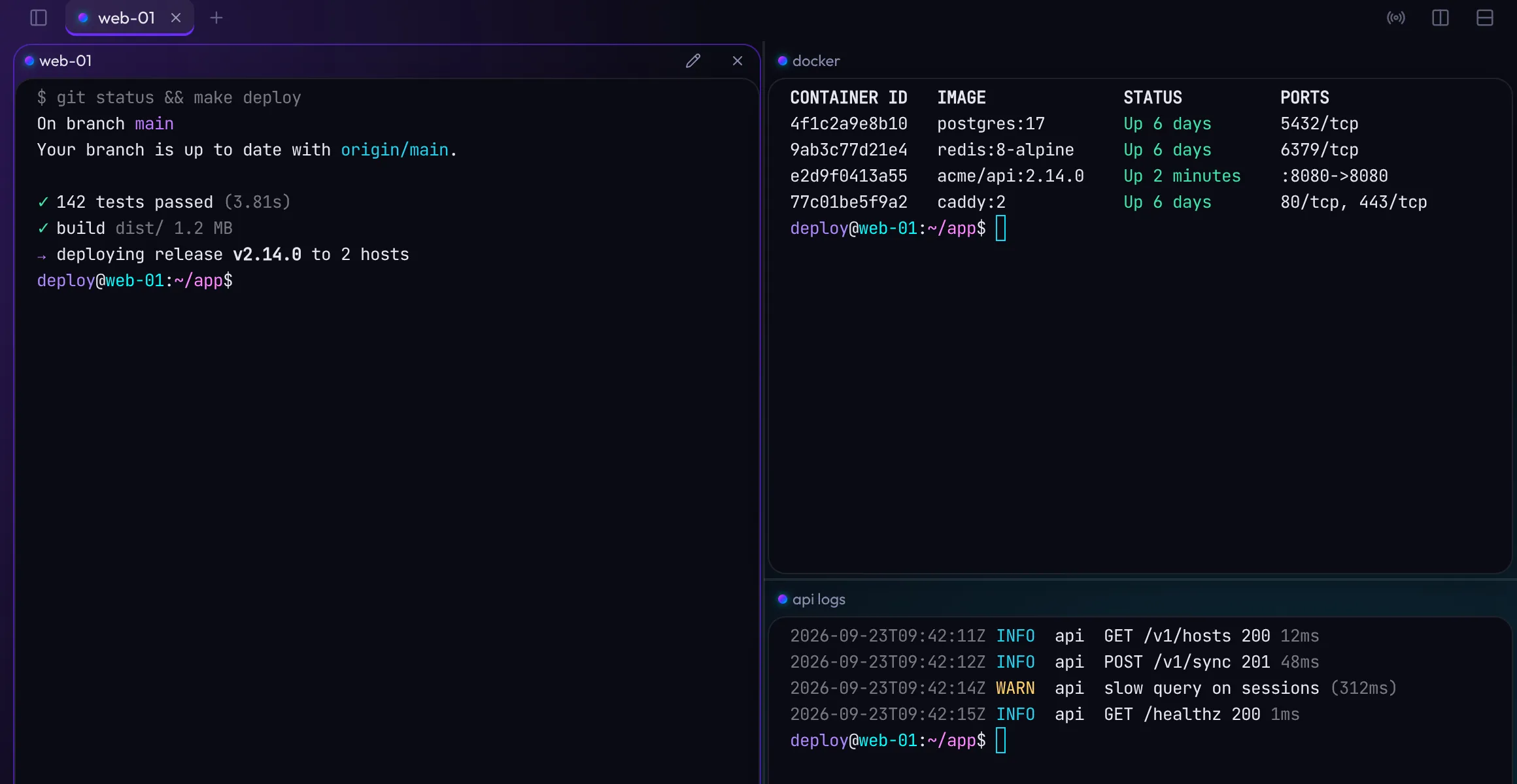 Three named split panes: web-01 running a deploy, docker listing containers, and api logs streaming requests.