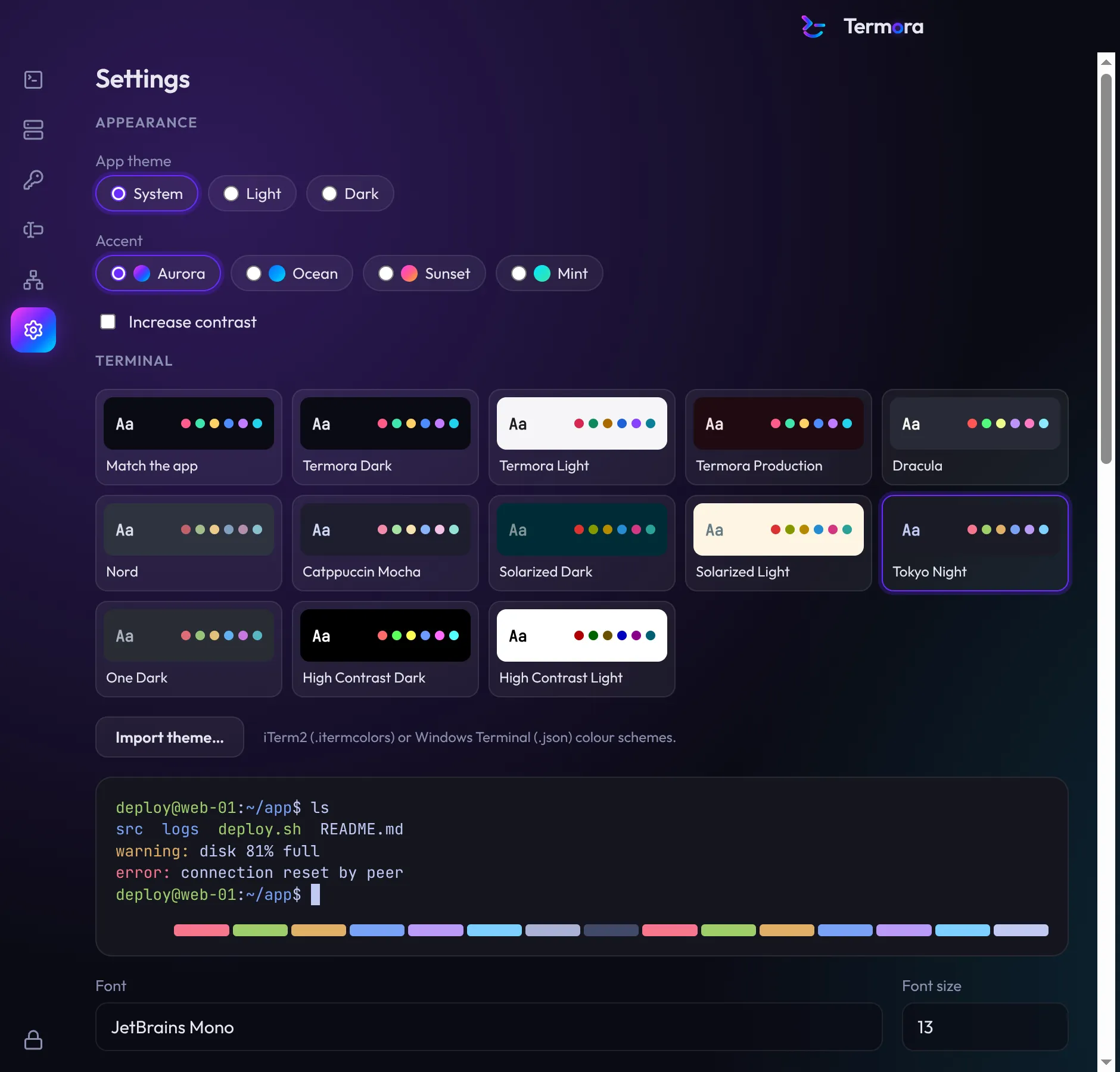 The Settings page with app theme, accent and a grid of terminal themes.