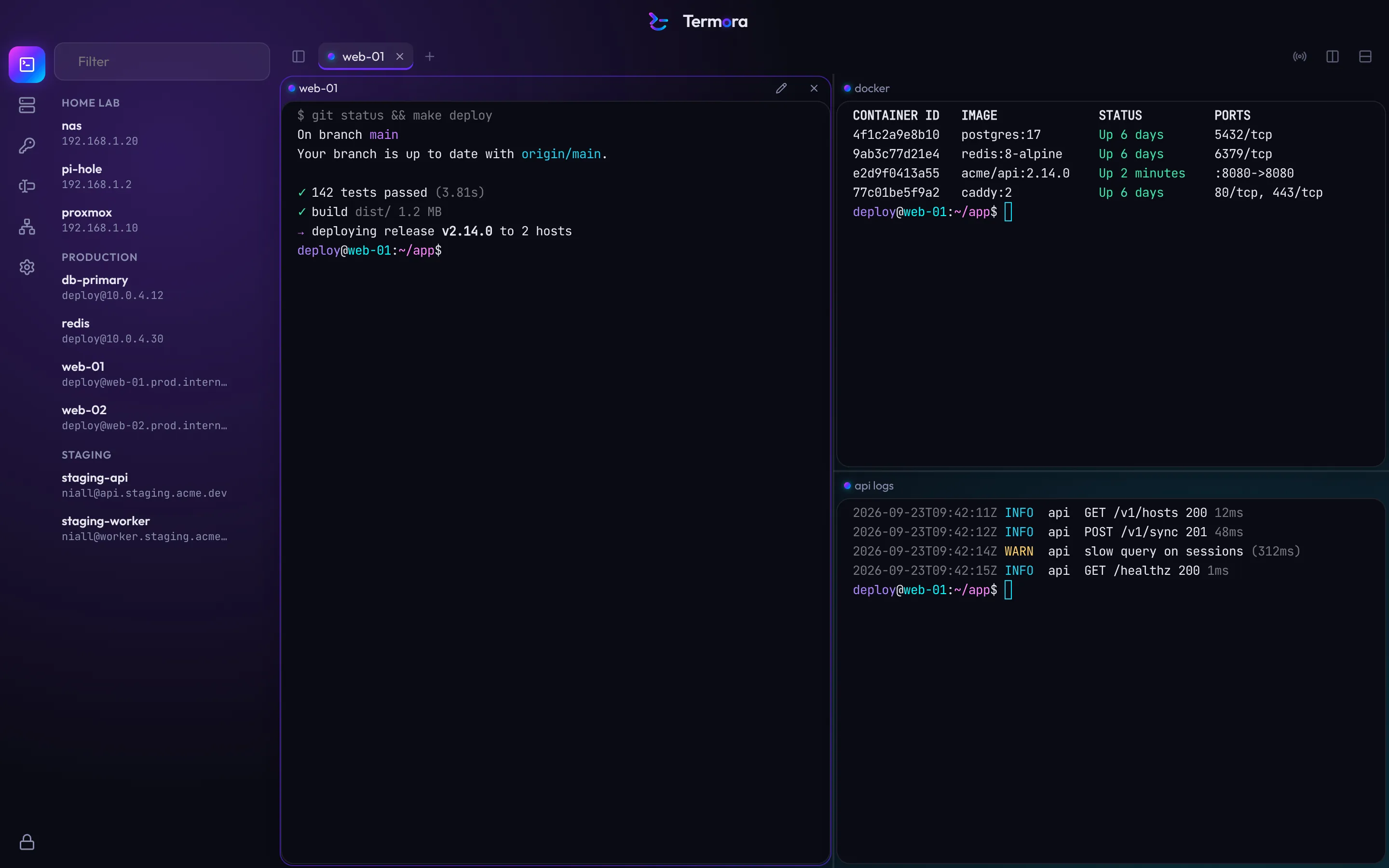 The Termora workspace: a host sidebar grouped into Home lab, Production and Staging, and a tab split into three named terminal panes showing a deploy, running containers and API logs.